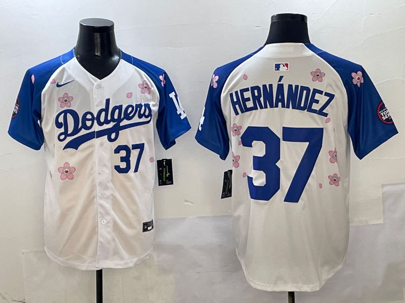 Men Los Angeles Dodgers #37 Hernandez White Blue Sakura Edition 2025 Nike MLB Jersey style 3->->